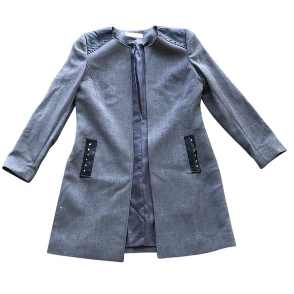 Tahari Grey with Black Leather and Stud Accent Open Front Jacket size 8 - Picture 1 of 3